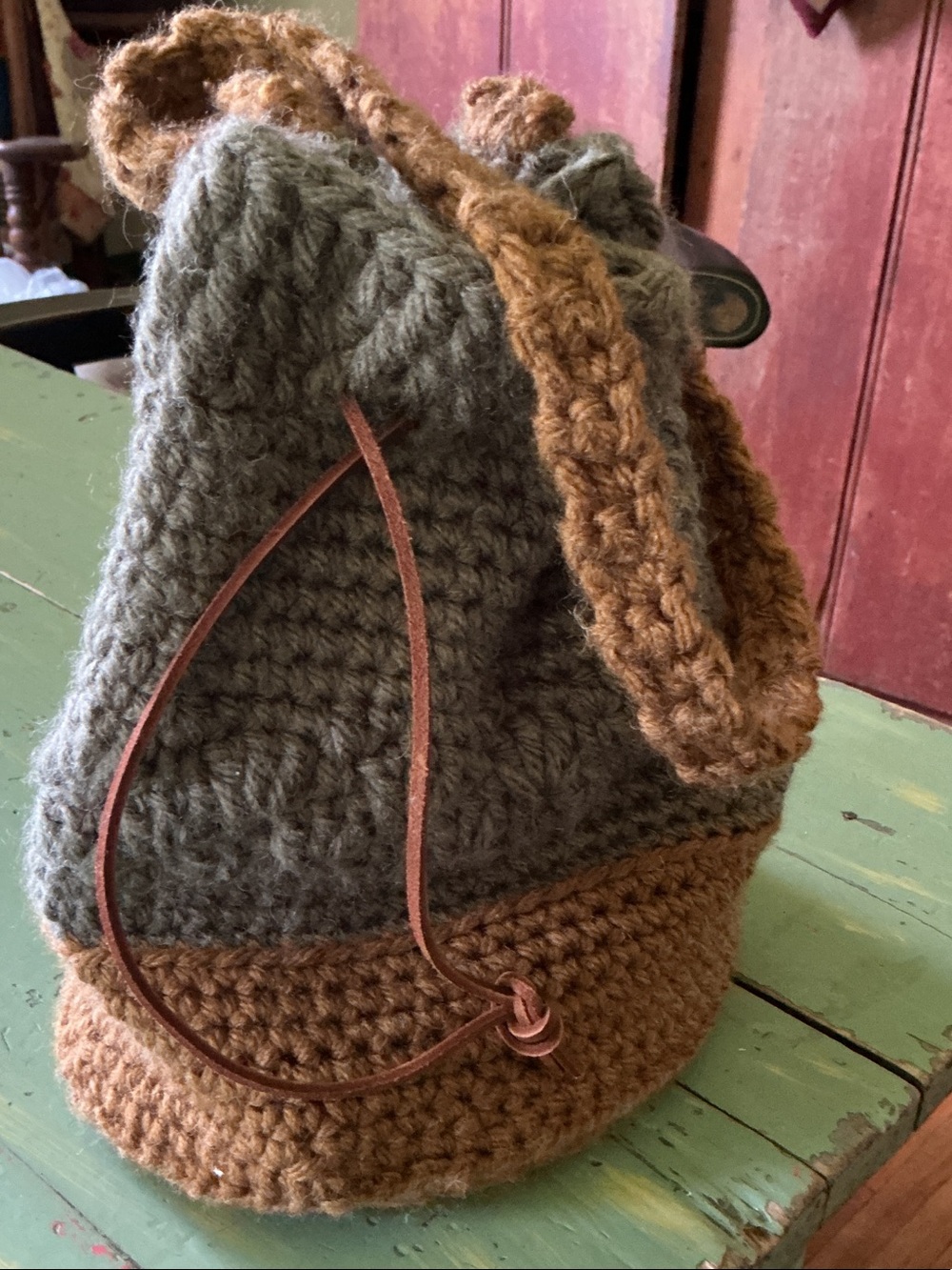 Handmade Olive Green and Brown Crochet Drawstring Bucket Bag